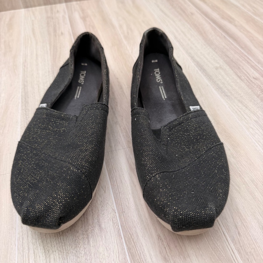 TOMS Alpargata Slip On Womens 10 Black Gold Sparkle Excellent Canvas Flats